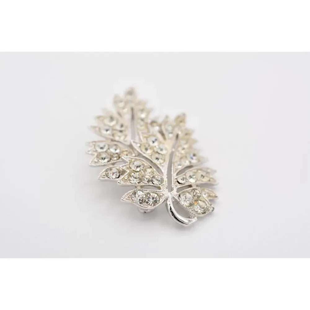 Ora Vintage Crystal Leaf Pin Brooch Rhinestone Silver Sparkling Signed 40s Bin5A